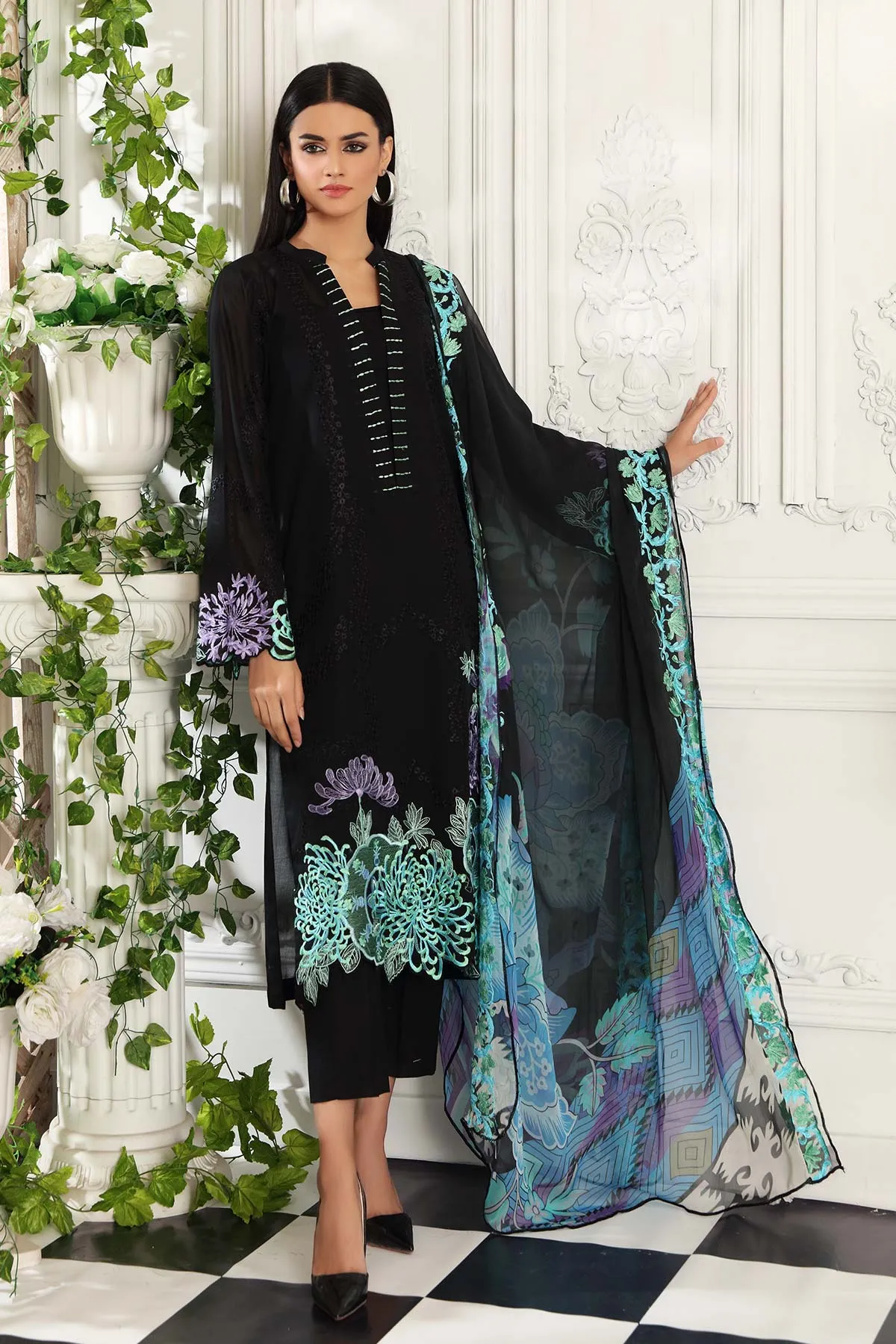 3-piece Unstitched Embroidered Swiss With Chiffon Dupatta CM-02