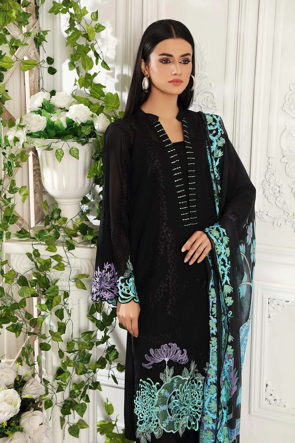 3-piece Unstitched Embroidered Swiss With Chiffon Dupatta CM-02