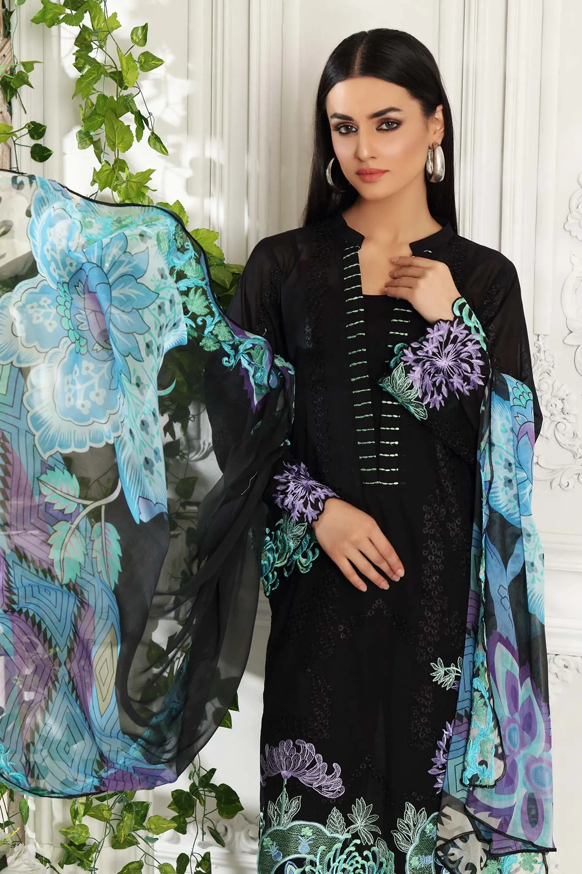 3-piece Unstitched Embroidered Swiss With Chiffon Dupatta CM-02