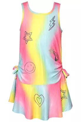 Baby Sara Drop Waist Rainbow Stripe Dress w/Rhinestone Detail