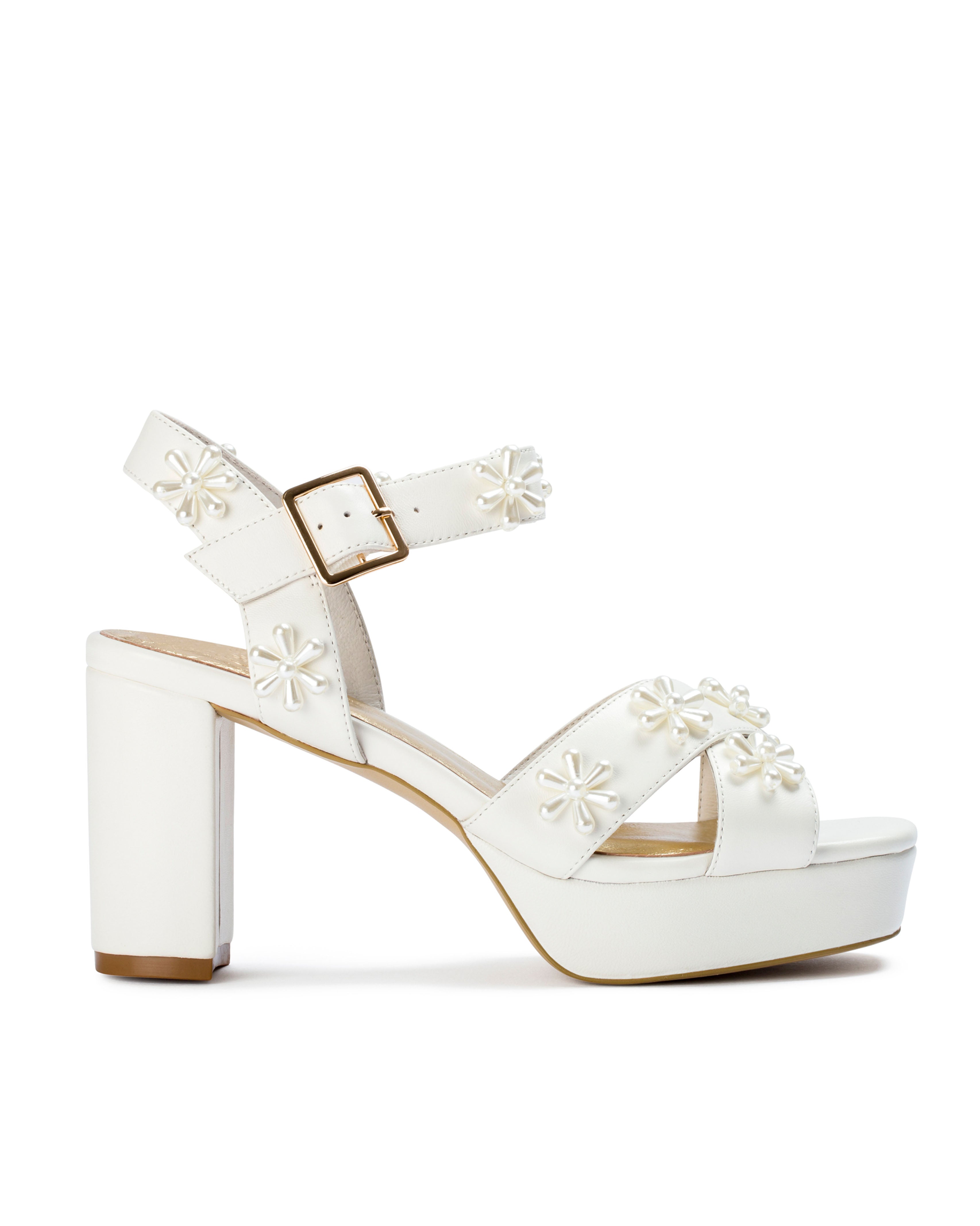 BLOOM PLATFORMS - PEARL FLOWER IVORY BRIDAL SHOES