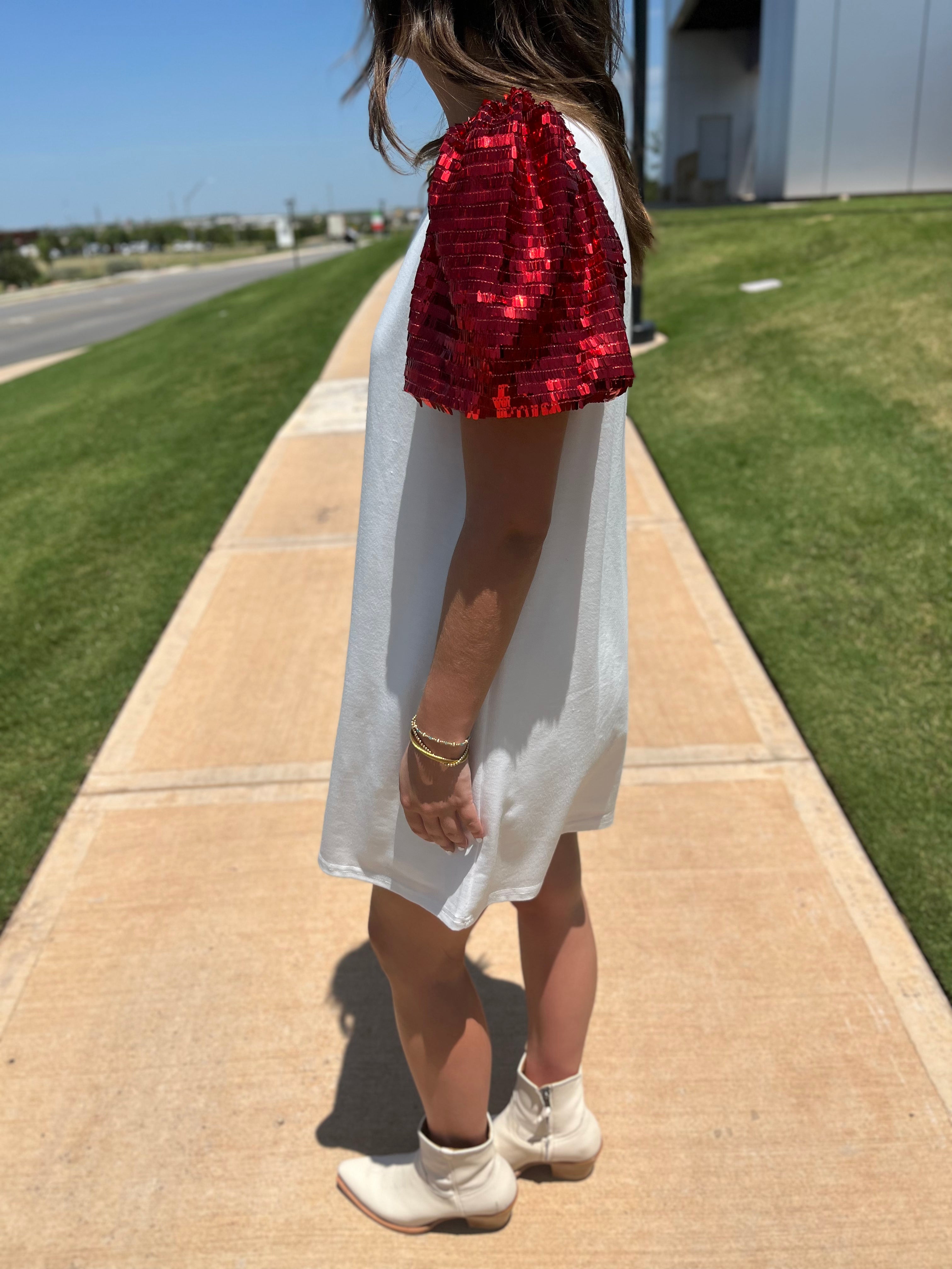 BUBBLE SLEEVE SEQUINS DRESS - RED/BLACK