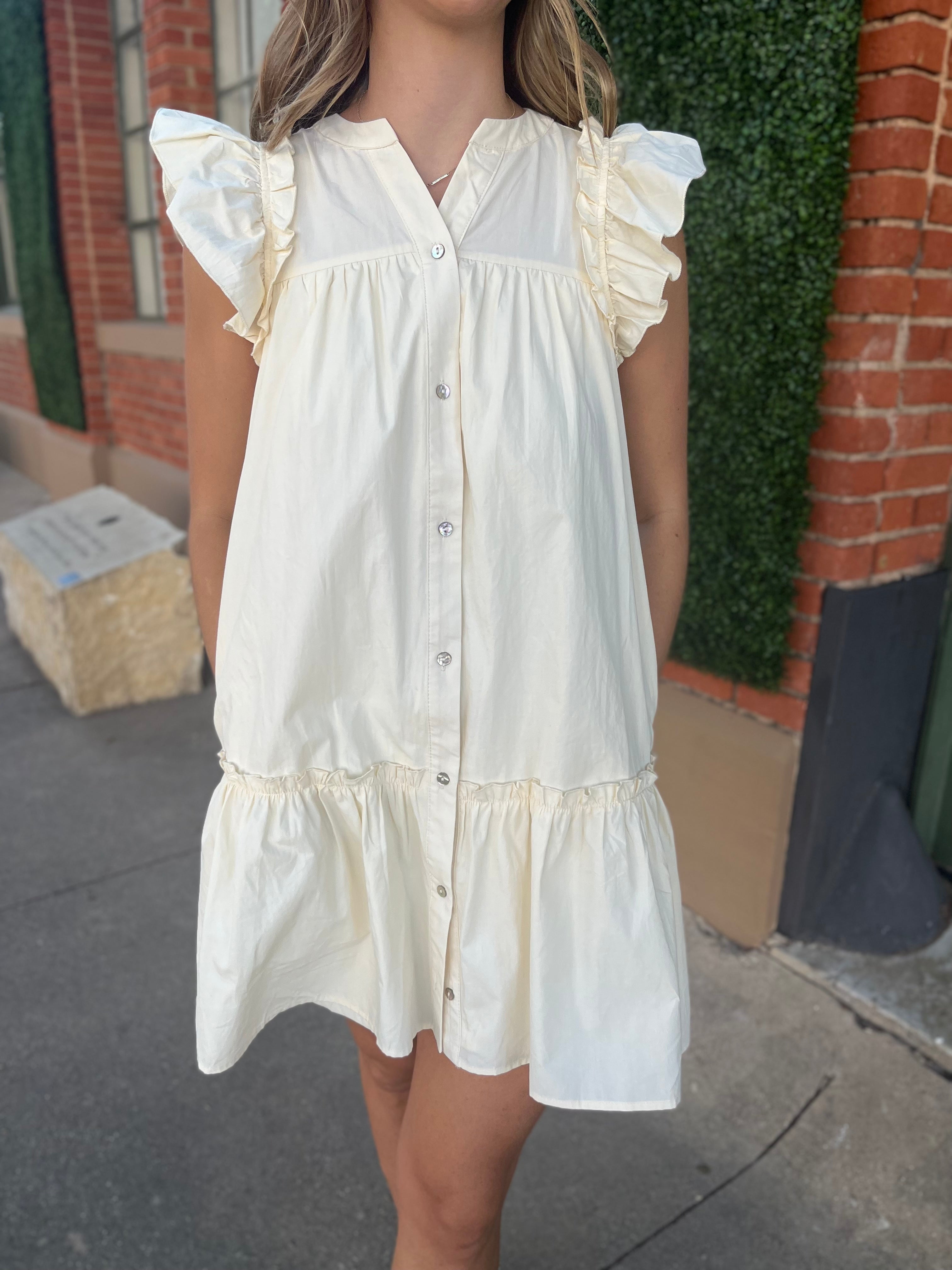 Button down Poplin Dress with Ruffle Sleeves - Vanilla