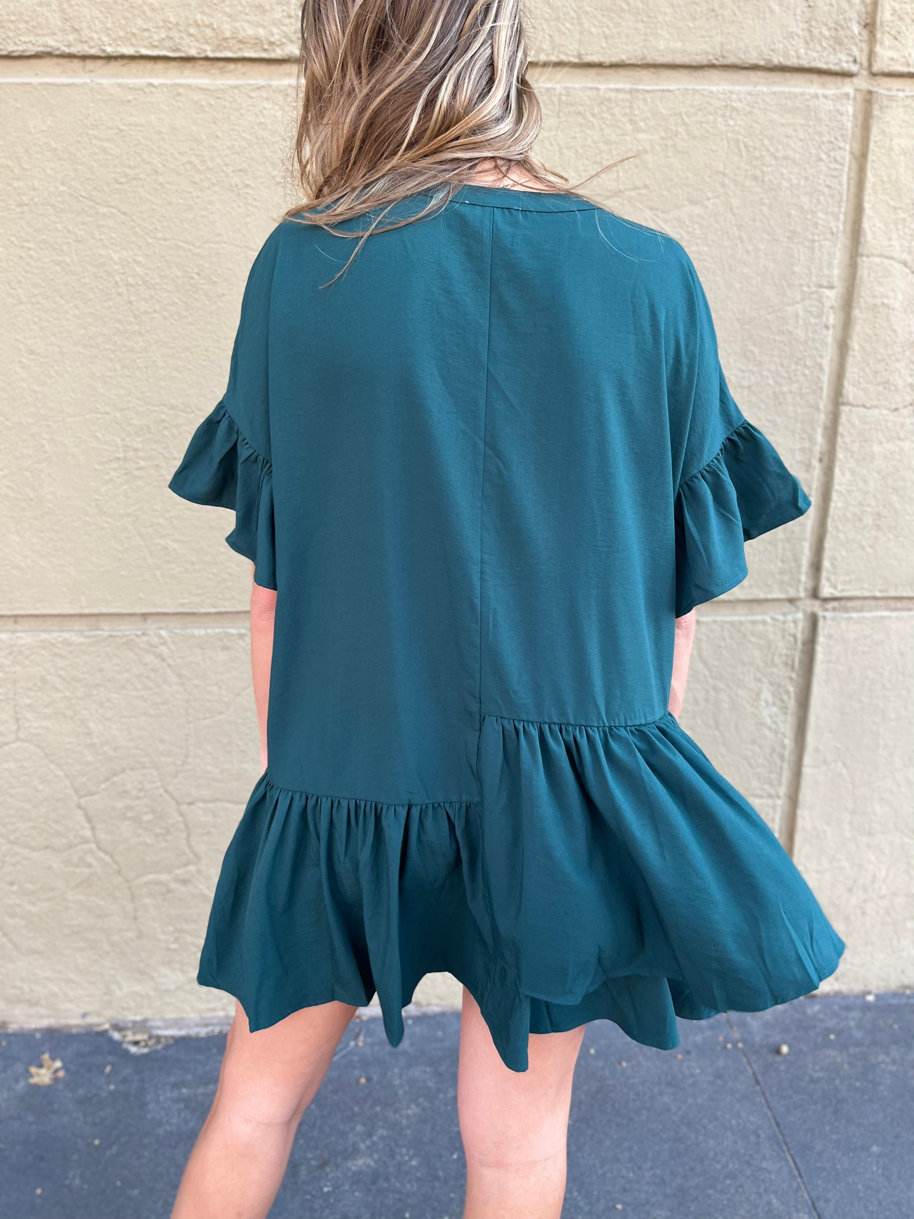 Button Down Tiered Mini Dress - Hunter Green