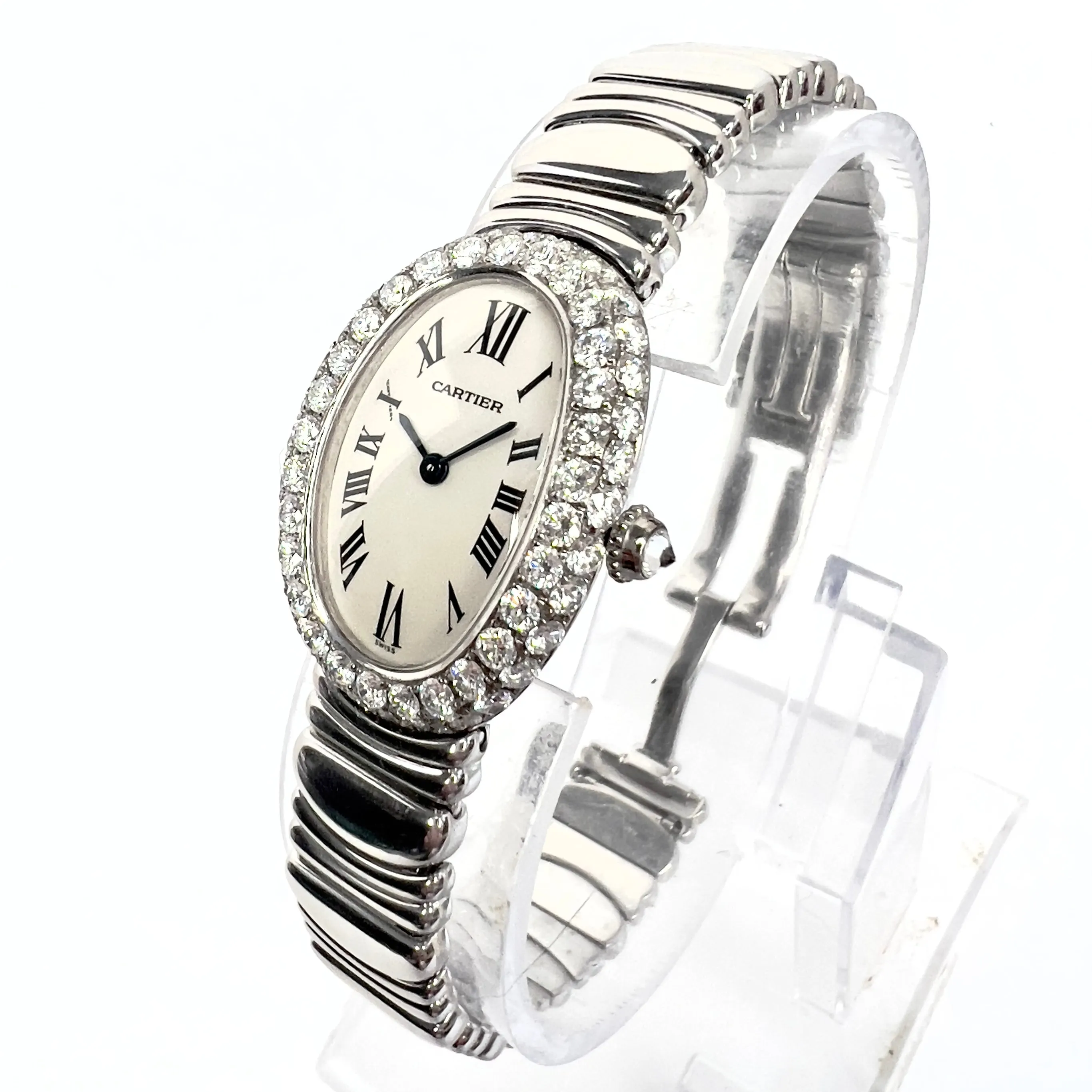 CARTIER BAIGNOIRE 23mm Quartz 18K WG ~1.5TCW Diamond Watch