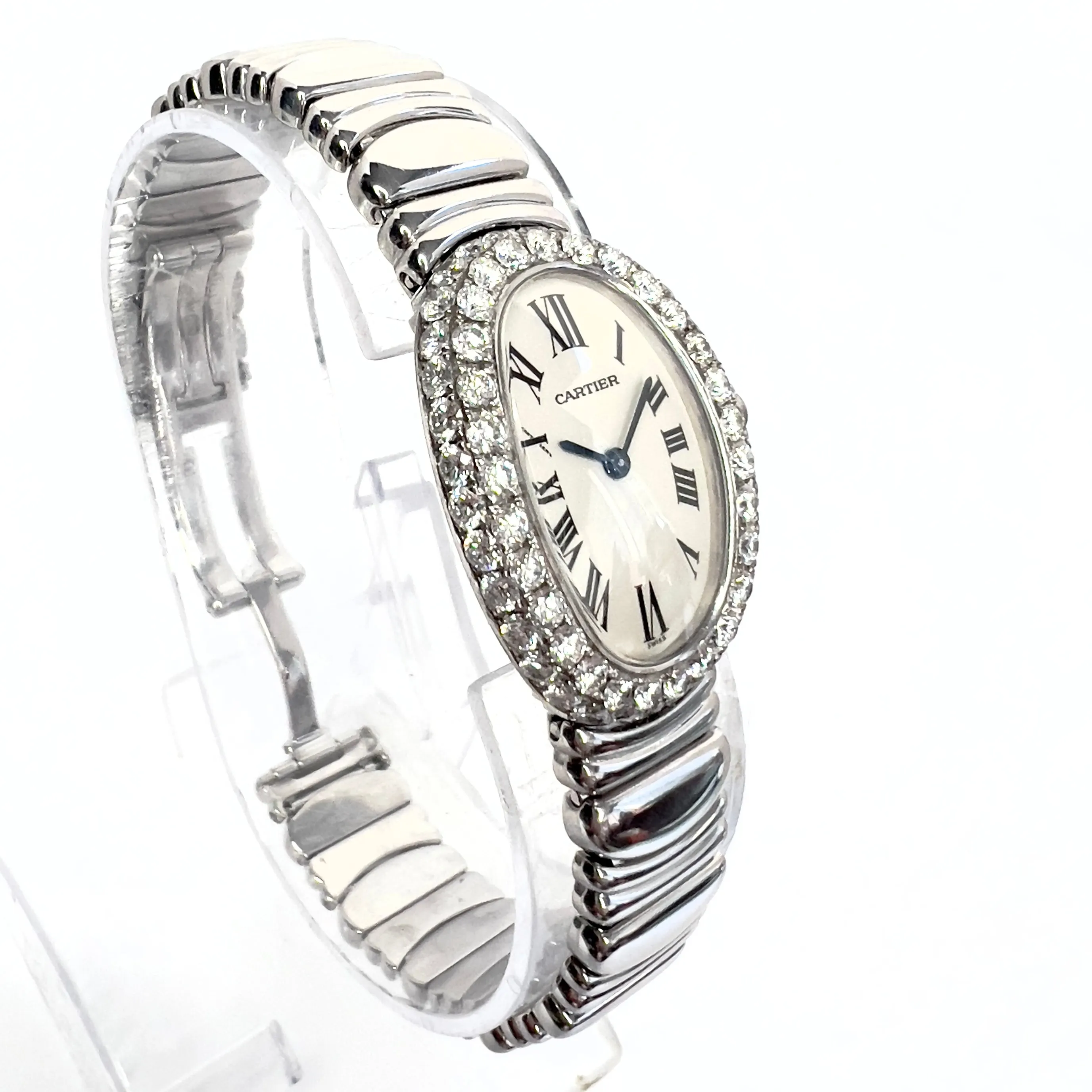 CARTIER BAIGNOIRE 23mm Quartz 18K WG ~1.5TCW Diamond Watch