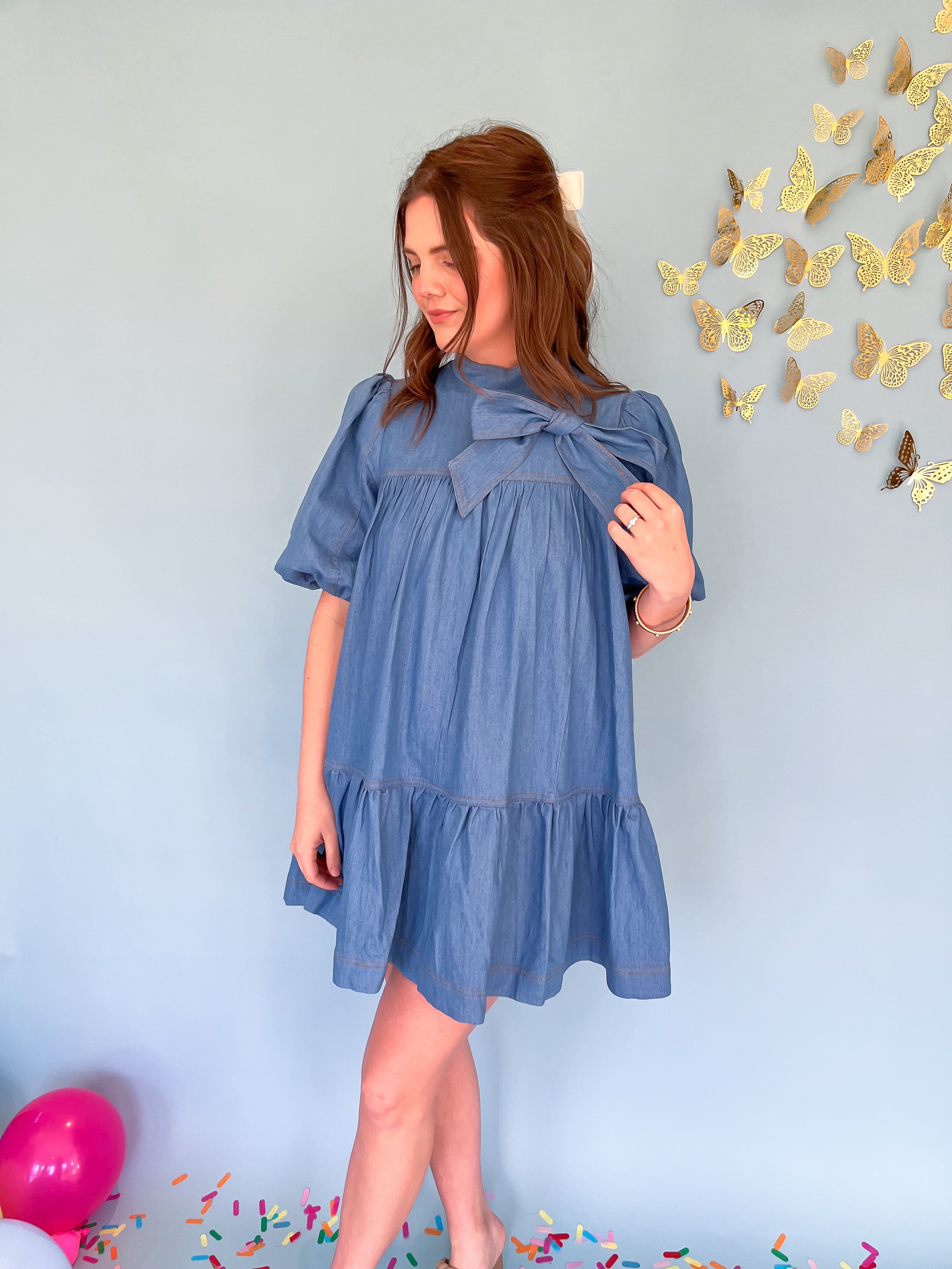 Chic Style Casual Mini Dress- Denim Blue