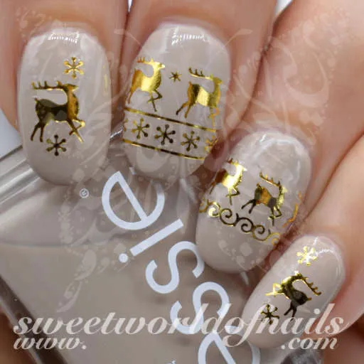 Christmas Nail Art Gold Reindeer and Snowflakes Nail Water Decals