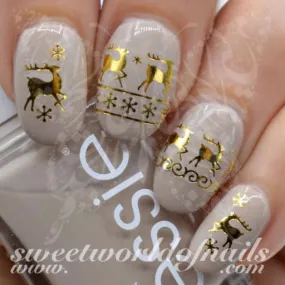 Christmas Nail Art Gold Reindeer and Snowflakes Nail Water Decals