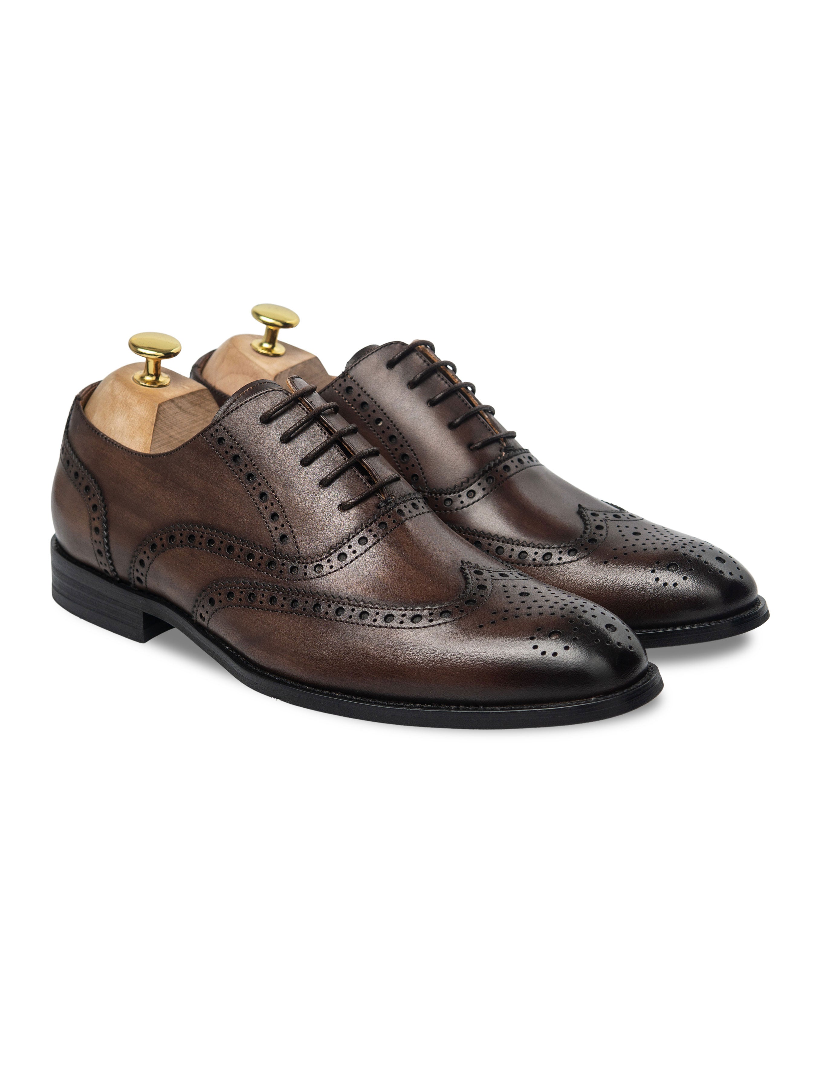 Classic Oxford Brogue Wingtip - Dark Brown Lace Up (Hand Painted Patina)