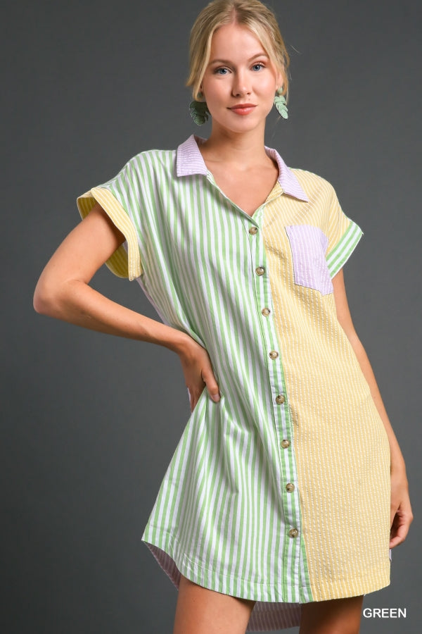 Colorblock Stripe Button Down Dress - Green