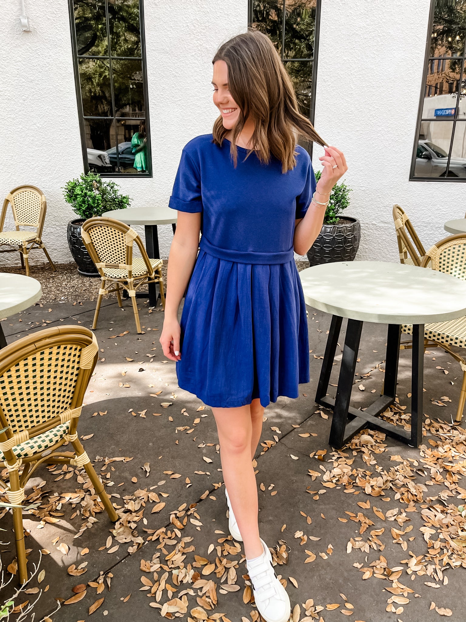 Contrast Pleated Mini Dress- Navy