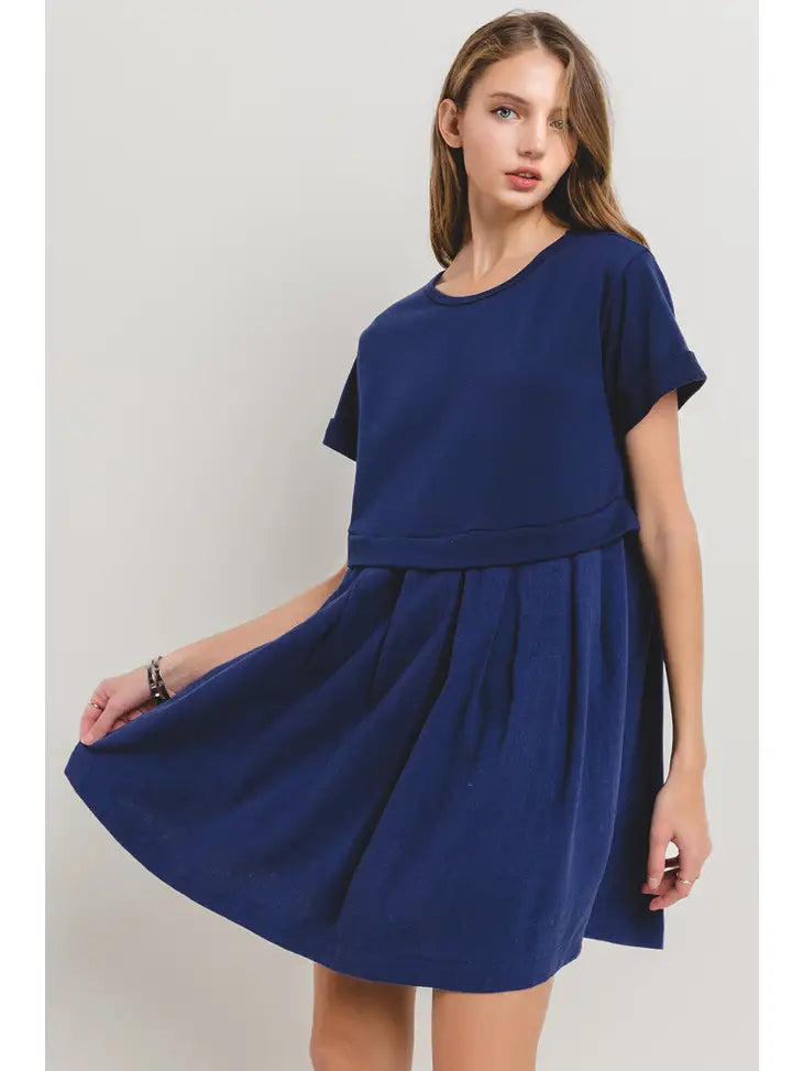 Contrast Pleated Mini Dress- Navy