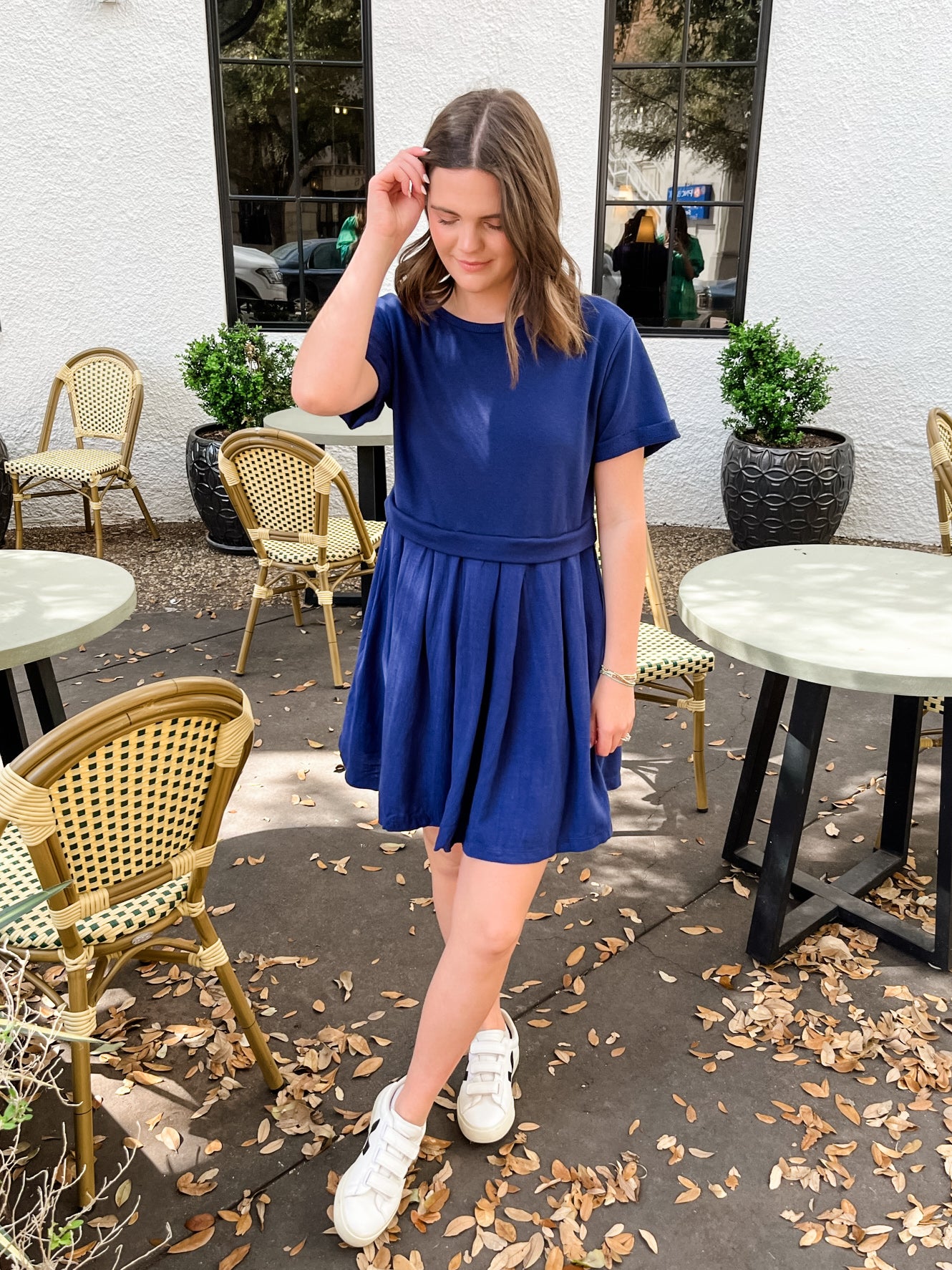 Contrast Pleated Mini Dress- Navy