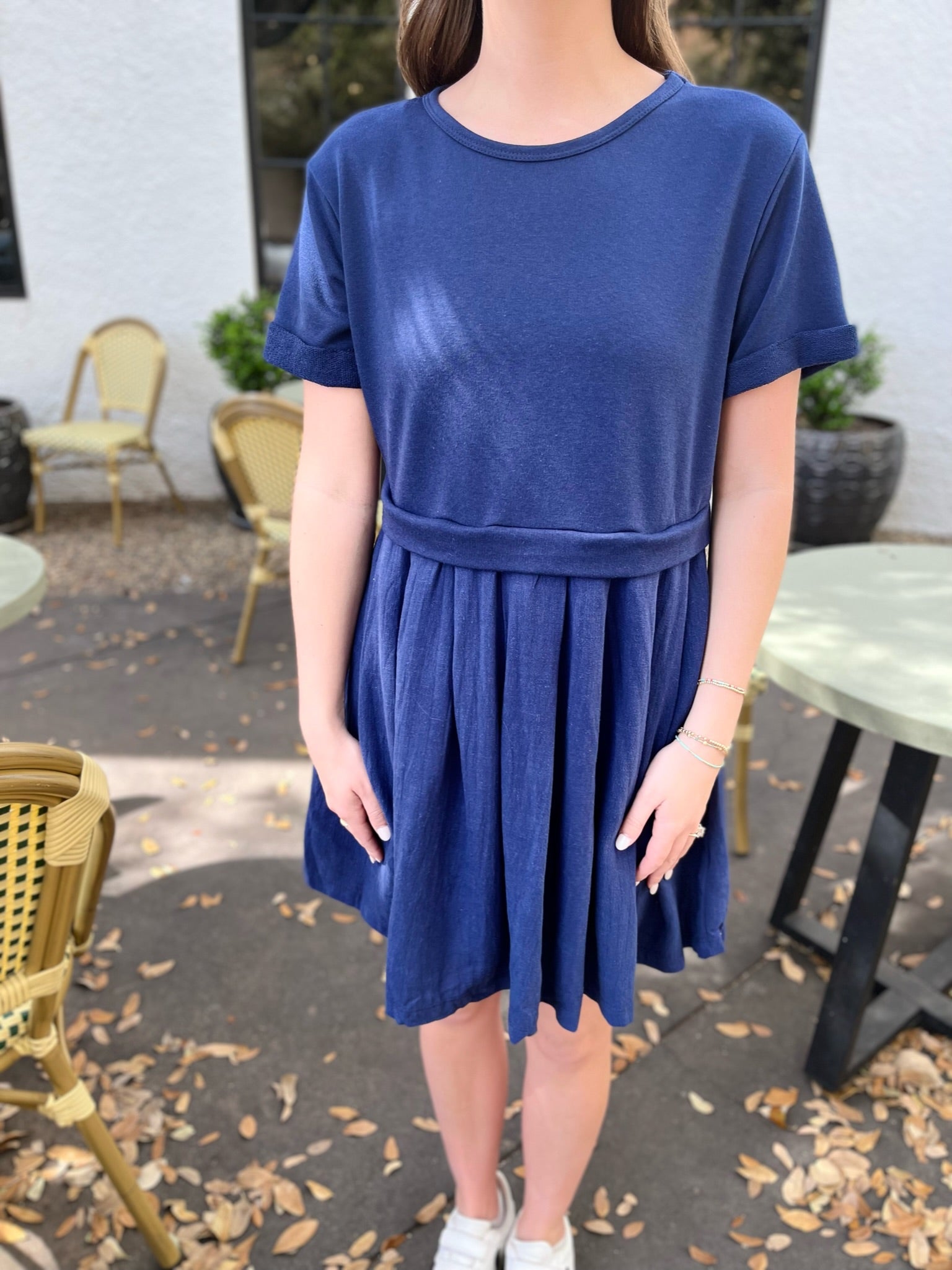 Contrast Pleated Mini Dress- Navy