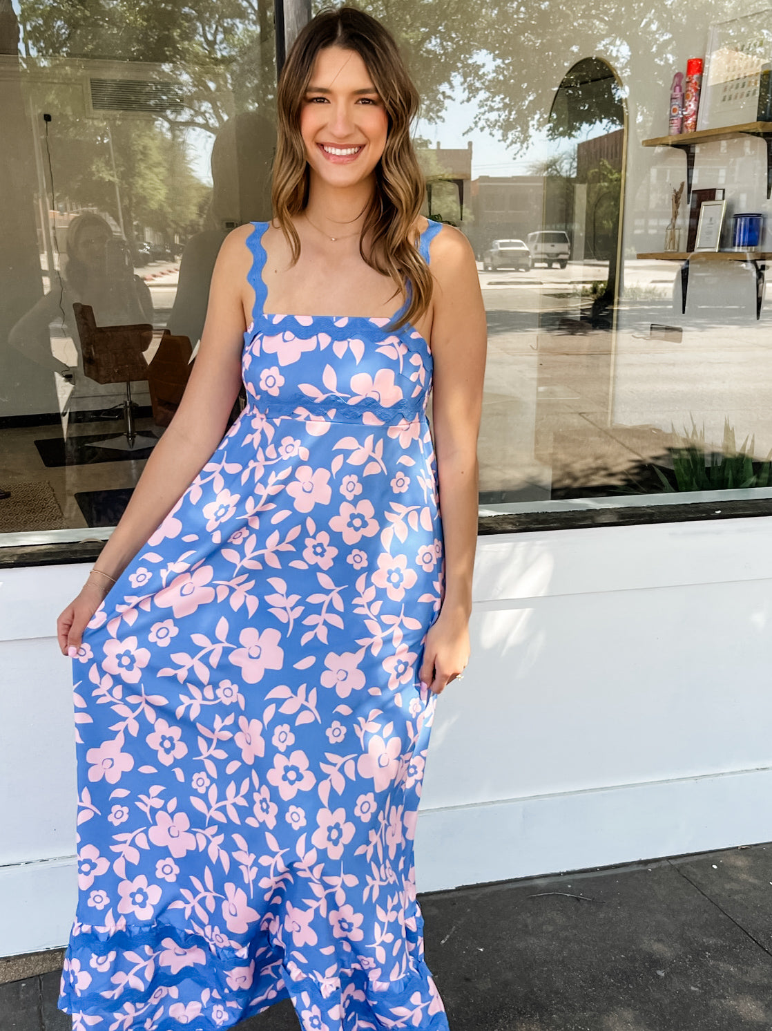 CONTRAST SQUARE NECK WAVY STRAP DRESS - Light Blue