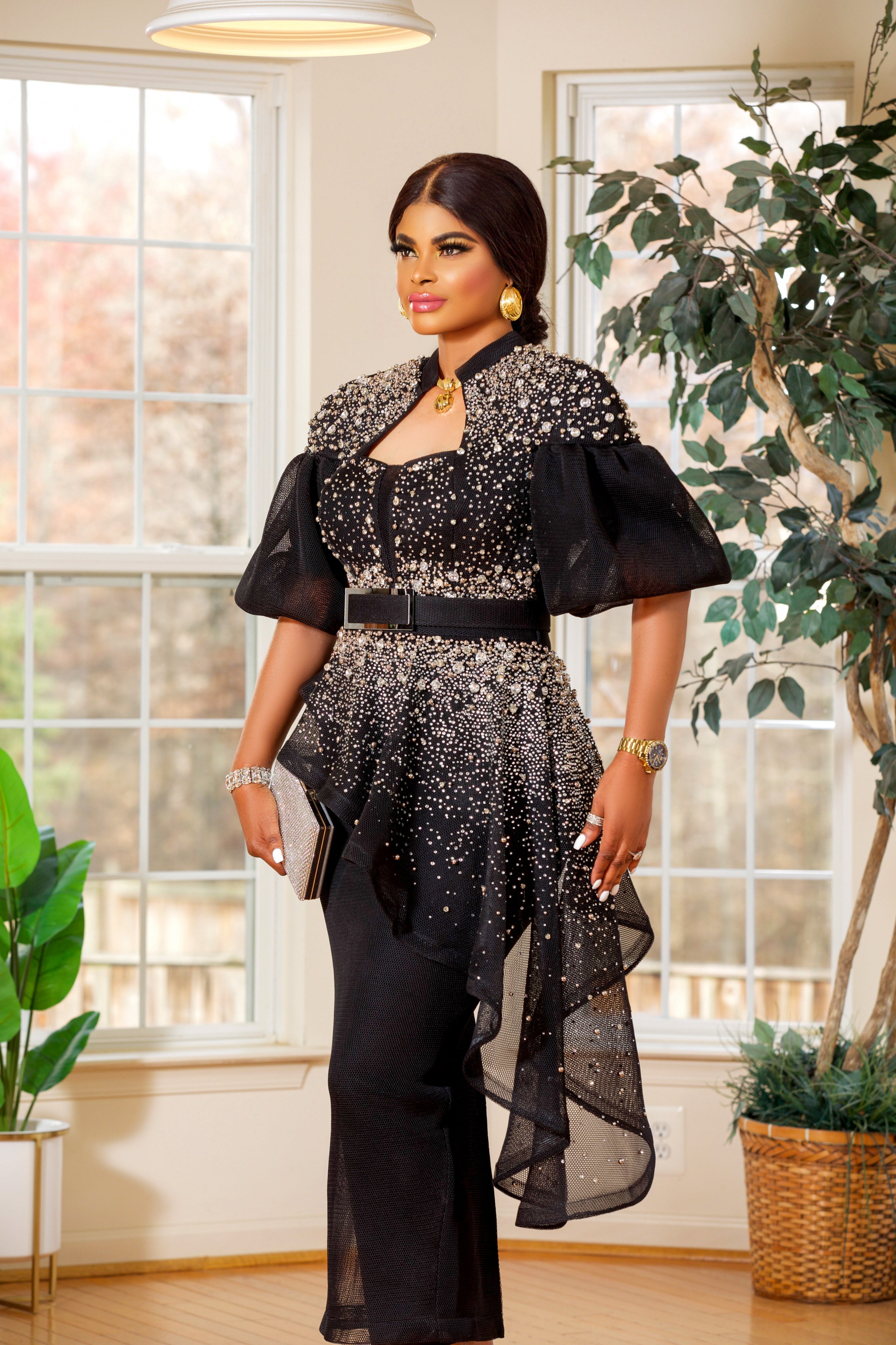 COUTURE RHINESTONES/PEPLUM DRESS(BLACK)