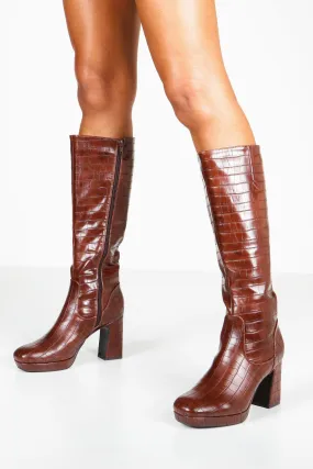 Croc Block Heel Platform Knee High Boots