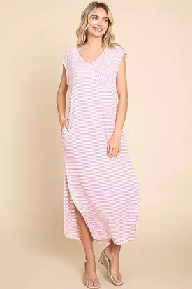 Culture Code Full Size Striped V-Neck Slit Dress with Pockets