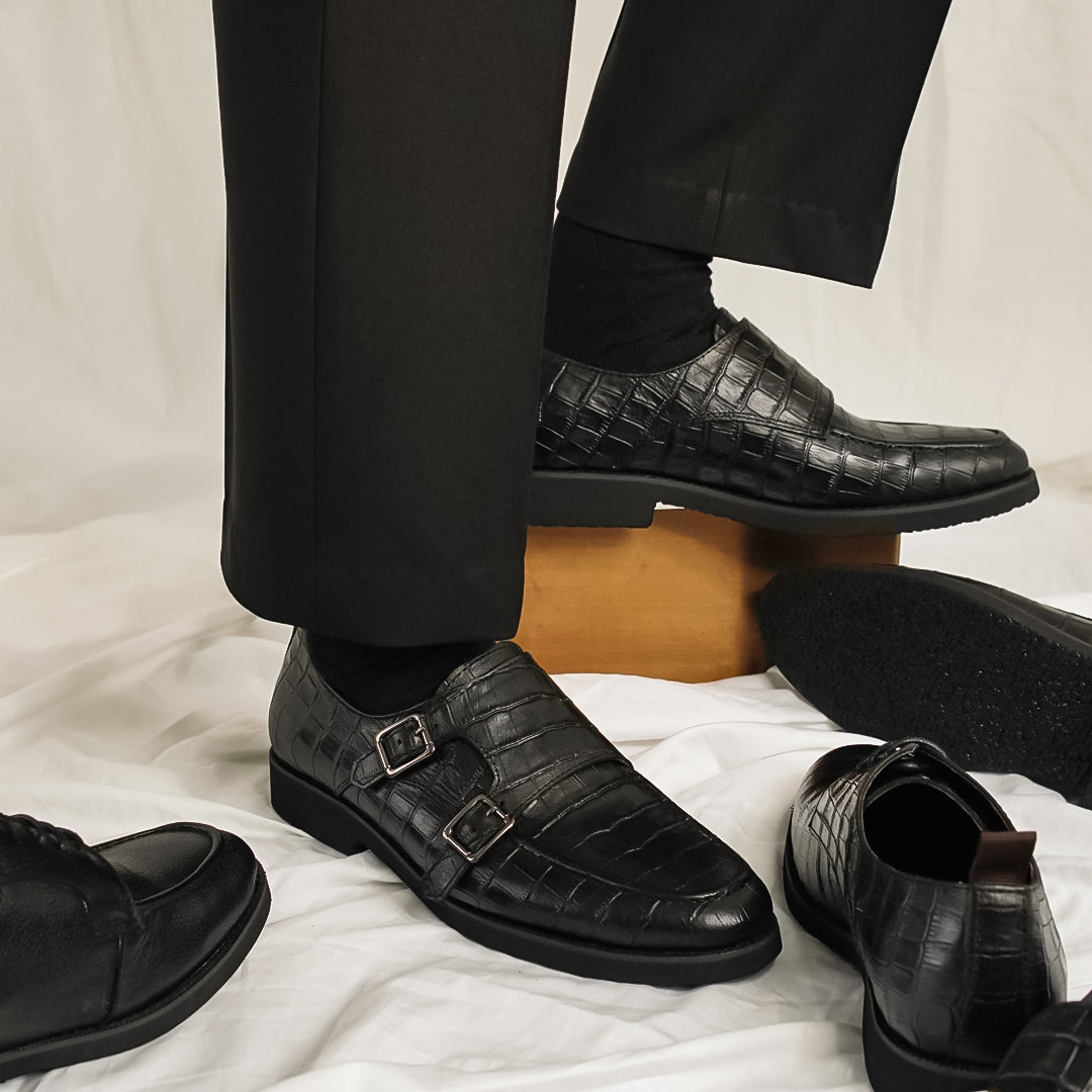 Double Monk Strap - Black Croco Leather (Crepe Sole)