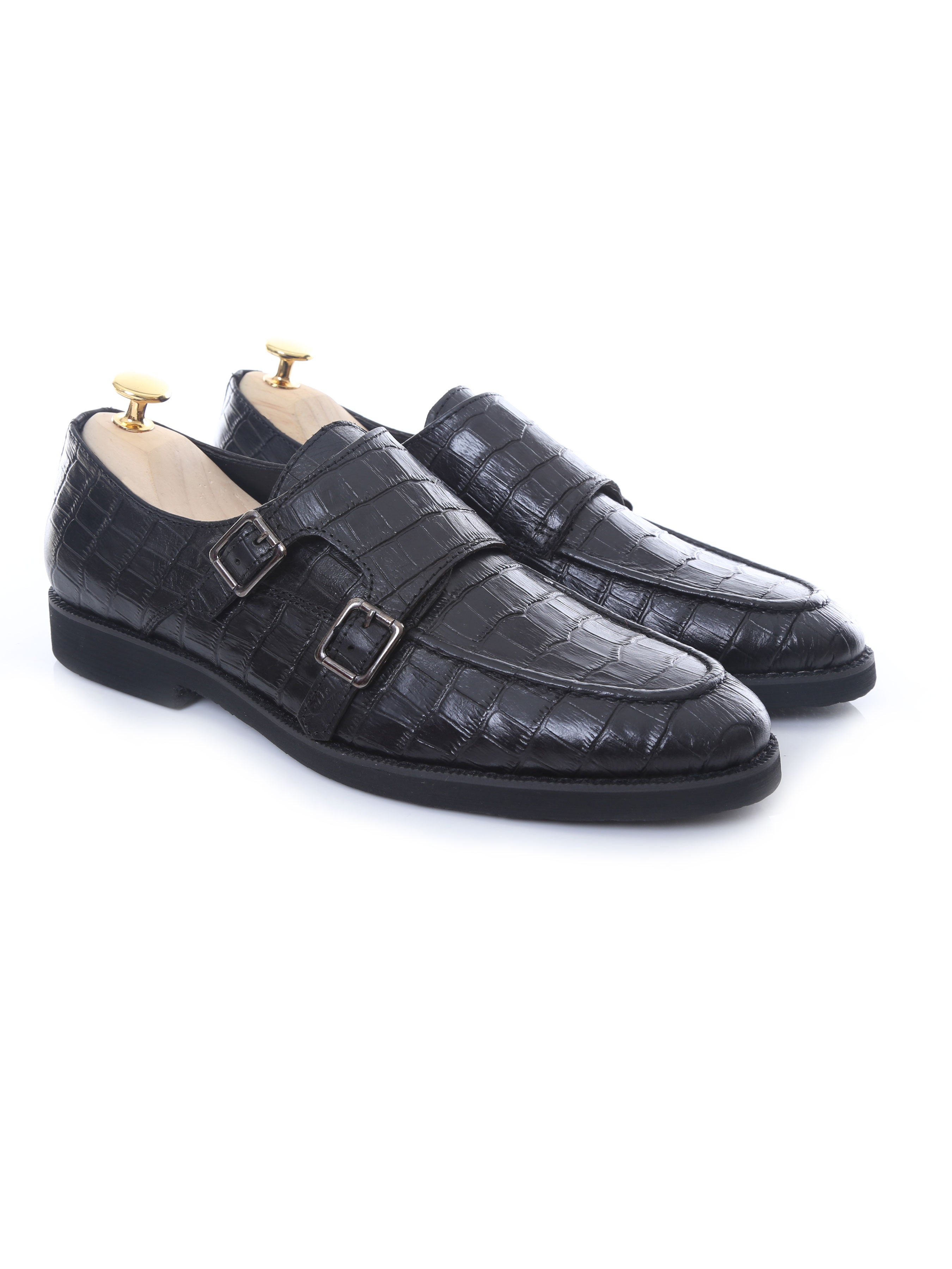 Double Monk Strap - Black Croco Leather (Crepe Sole)