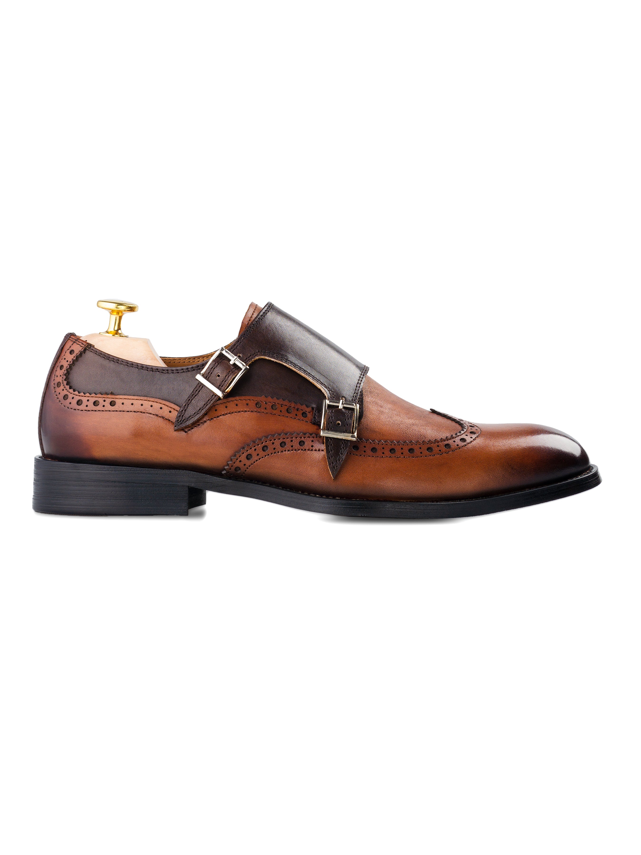 Double Monk Strap Brogue Wingtip - Duo-Tone Cognac Tan (Hand Painted Patina)