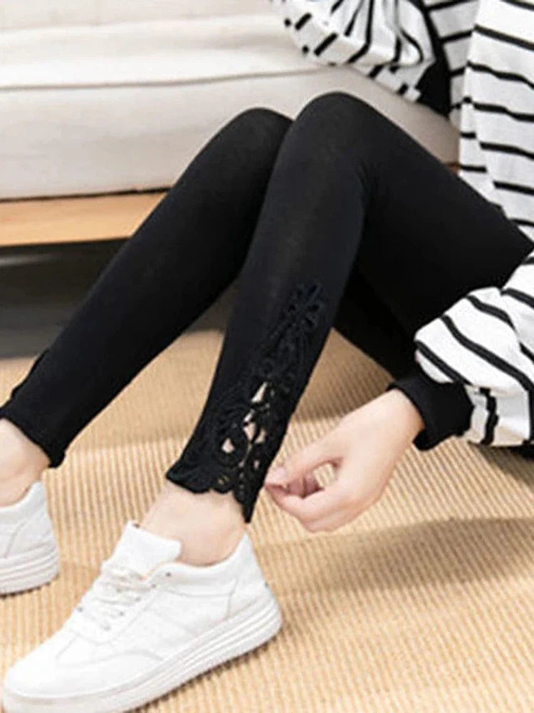 Fashionable High-Waisted Lace Detail Women's Leggings in Black, White, and Grey Sizes L-4XL