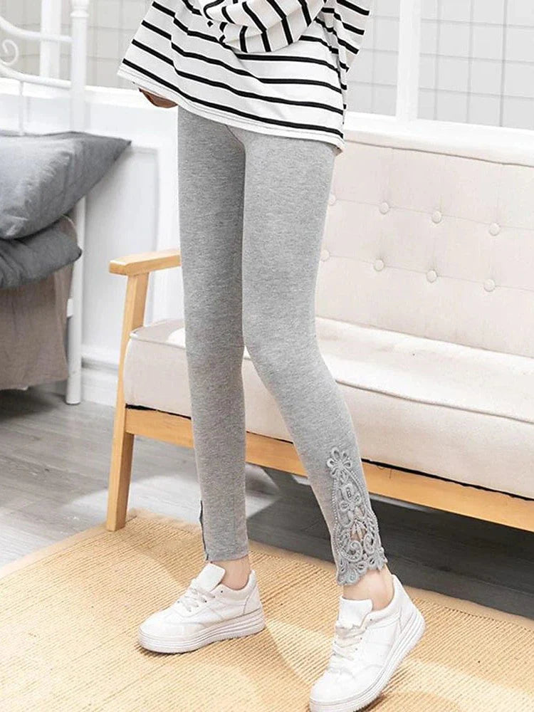 Fashionable High-Waisted Lace Detail Women's Leggings in Black, White, and Grey Sizes L-4XL