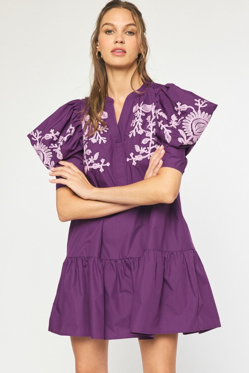 Floral Embroidered V-Neck Mini Dress-Violet