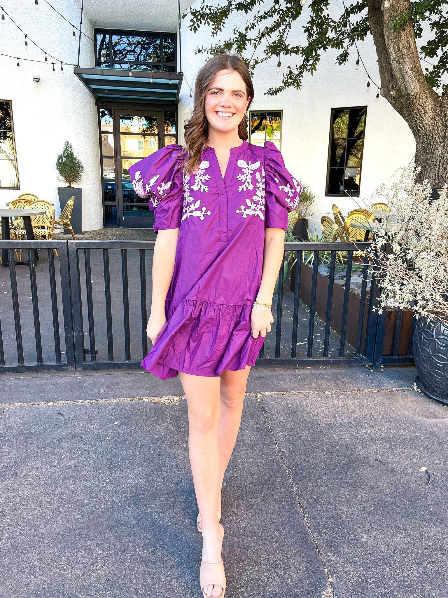 Floral Embroidered V-Neck Mini Dress-Violet