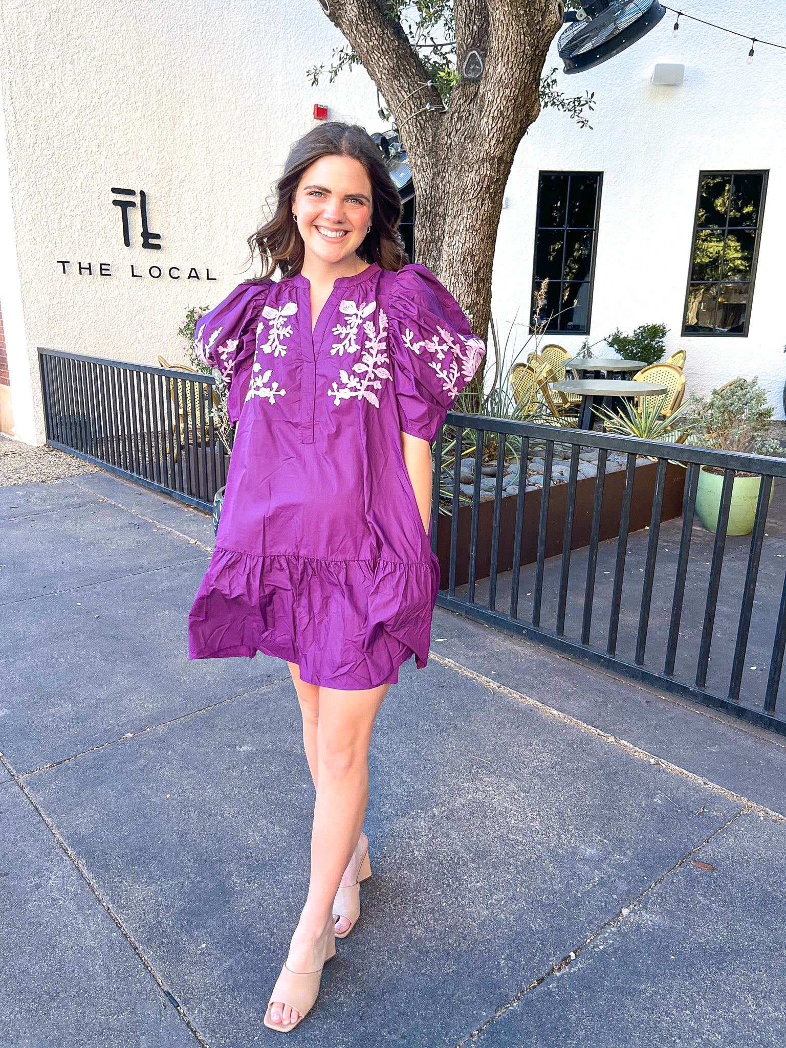 Floral Embroidered V-Neck Mini Dress-Violet