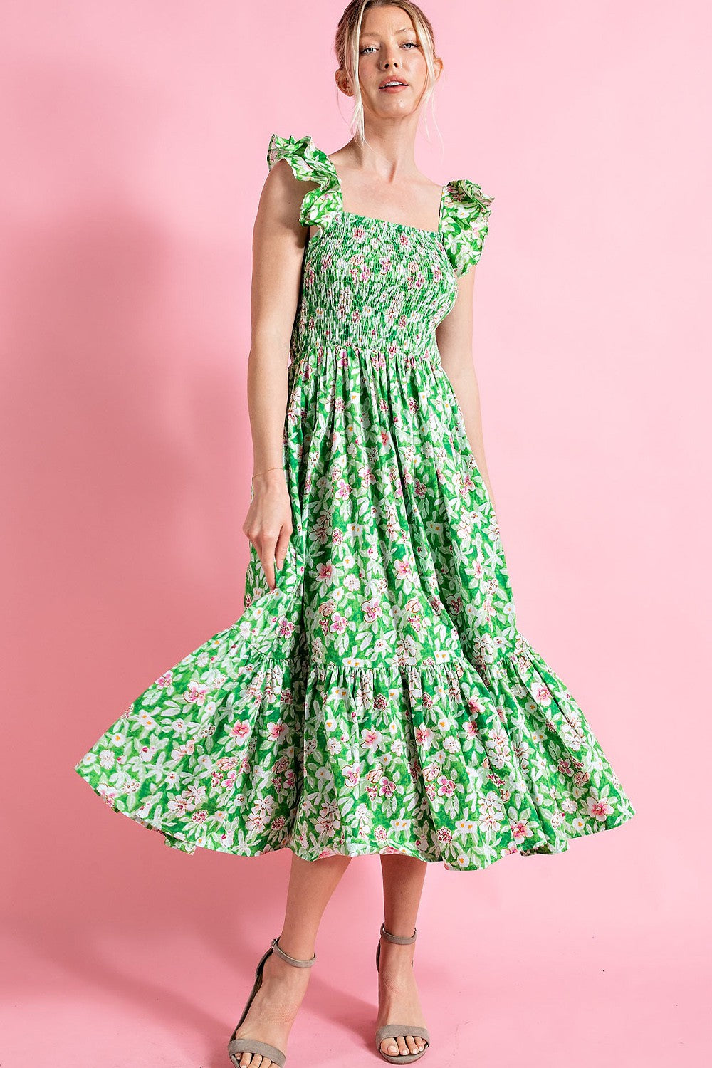 FLORAL MIDI DRESS - KELLY GREEN