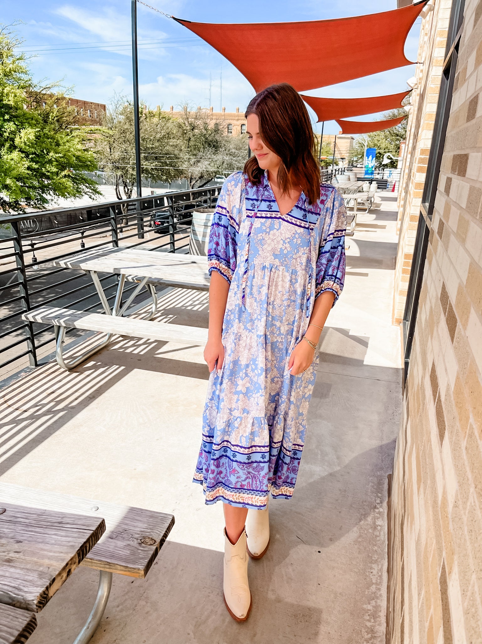 Floral Paisley Print Midi Dress - Blue Mix