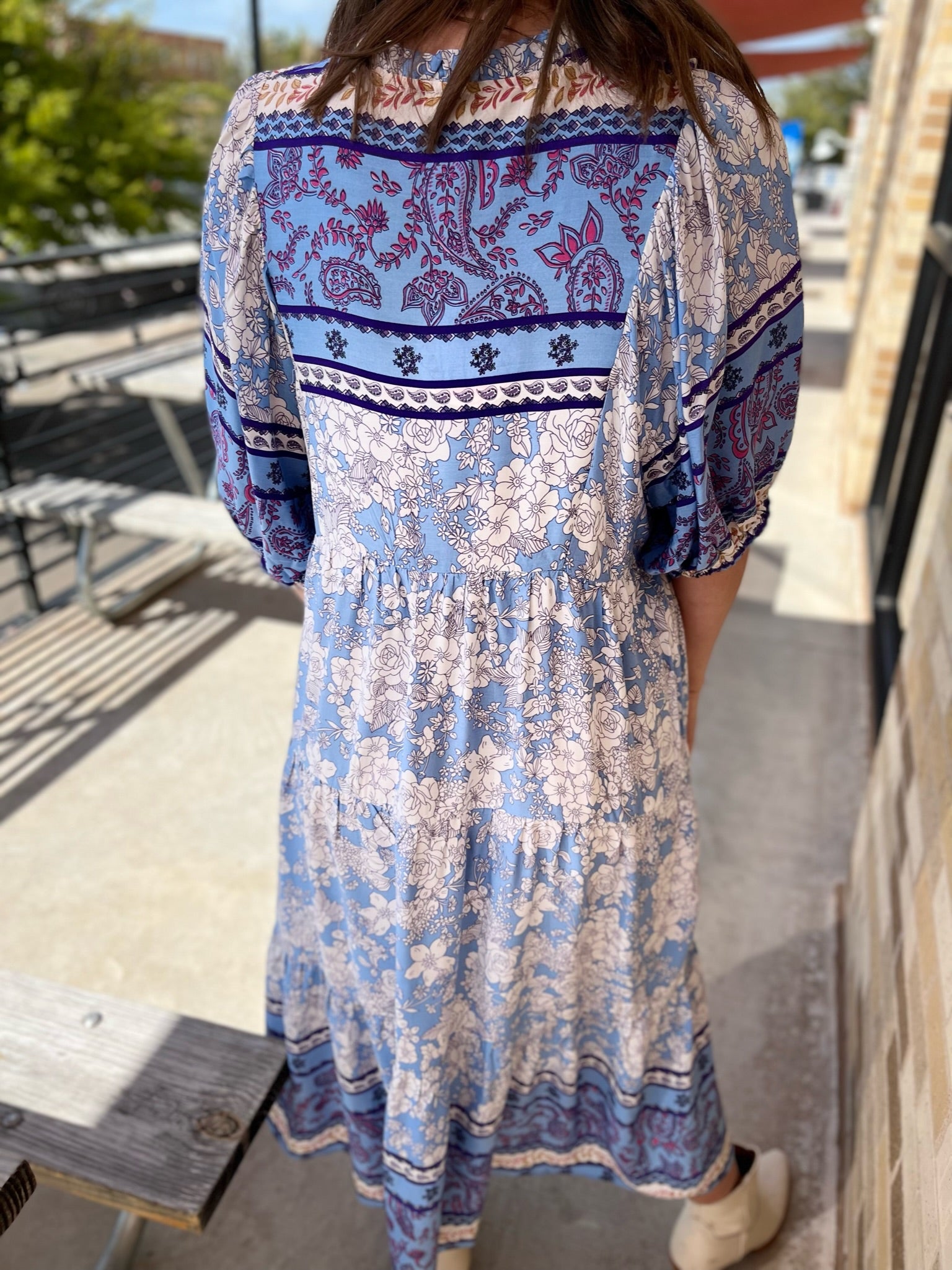 Floral Paisley Print Midi Dress - Blue Mix