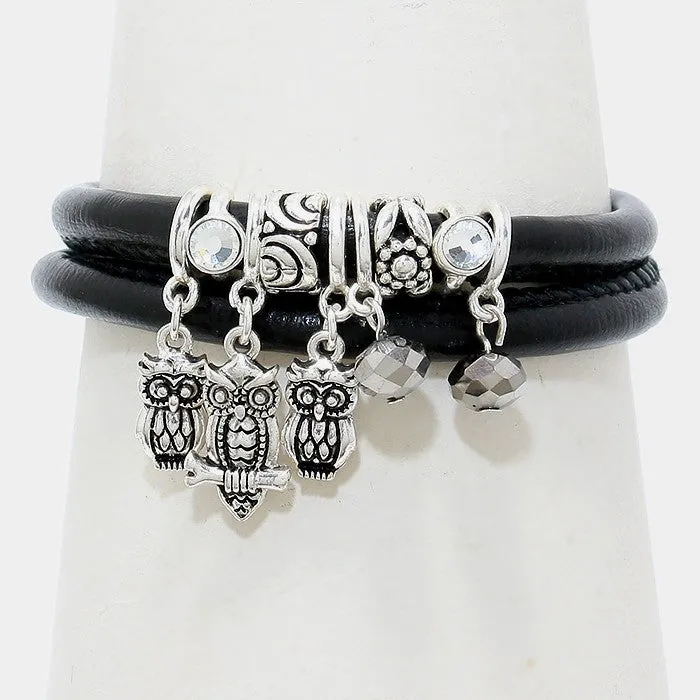 iLLASPARKZ Triple Owl Charm Leather Coil Bracelet / Necklace