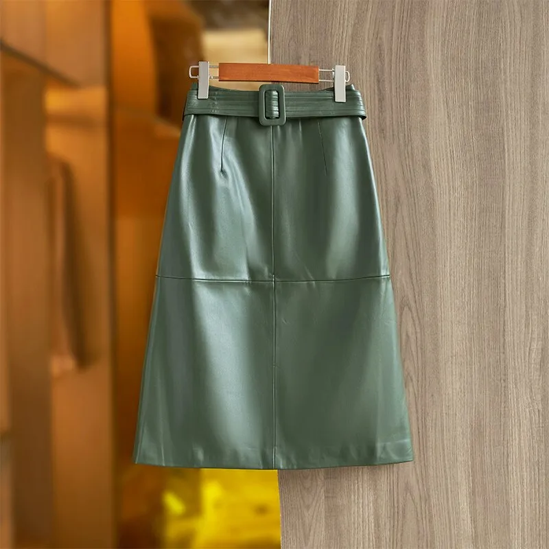 Khaki Green PU Leather Skirt With Belt Casual A-line Quality Saia for Ladies