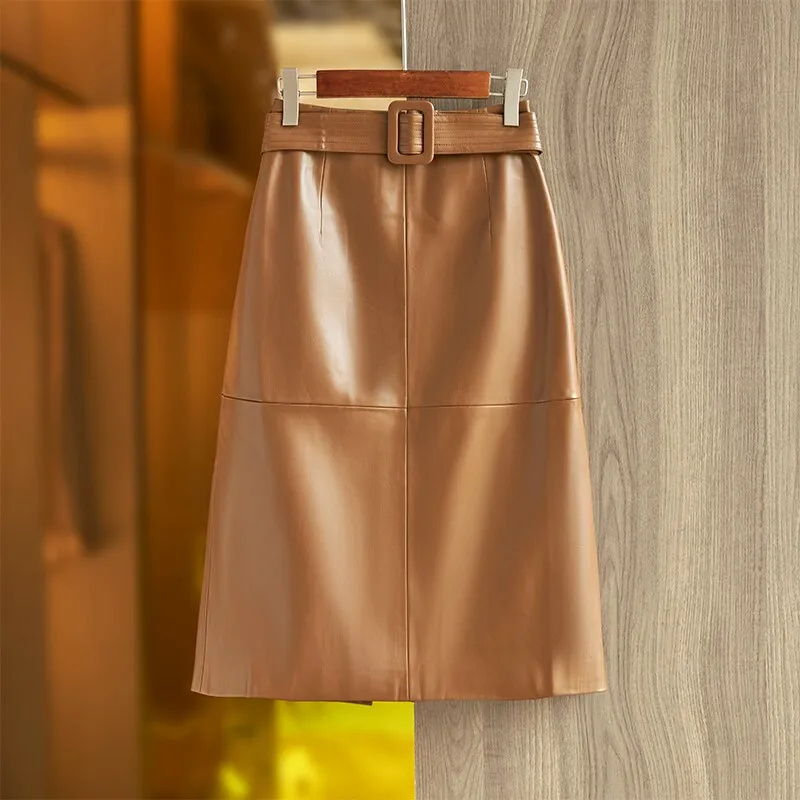 Khaki Green PU Leather Skirt With Belt Casual A-line Quality Saia for Ladies