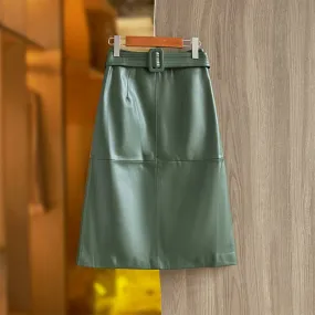 Khaki Green PU Leather Skirt With Belt Casual A-line Quality Saia for Ladies