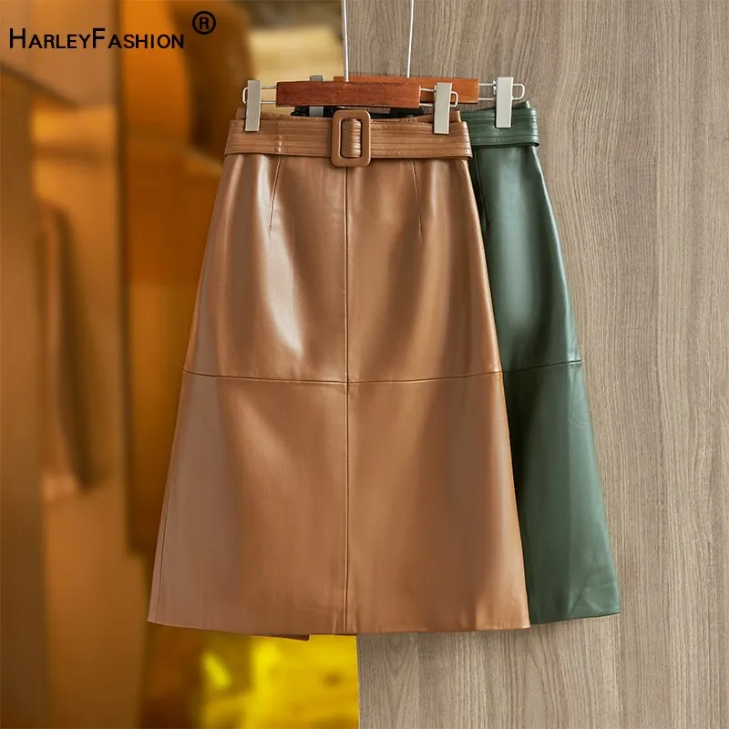 Khaki Green PU Leather Skirt With Belt Casual A-line Quality Saia for Ladies