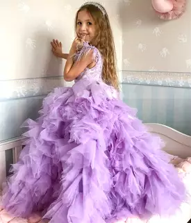 Lavender Lace Tulle Ruffle Flower Girl Dress