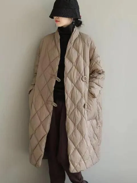 Loose Collar Plaid Mid Length Cotton Padded Jacket