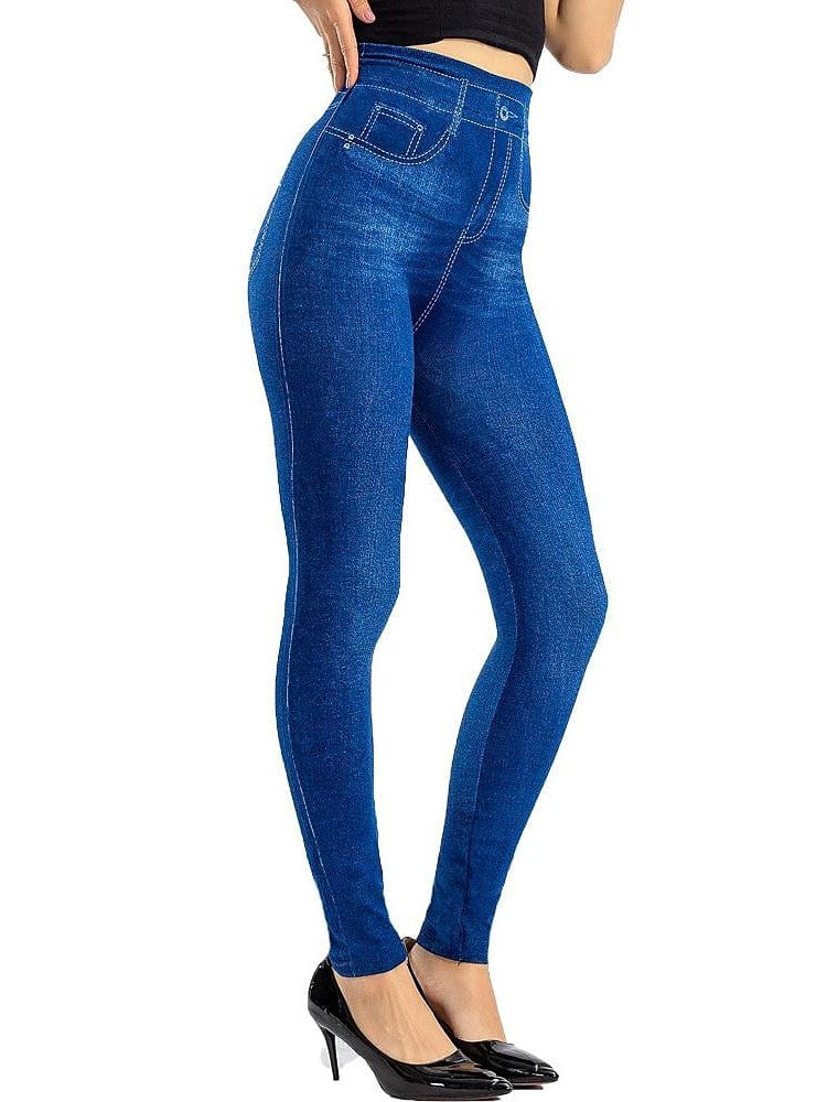 Modern High Waist Faux Denim Leggings for Women, Black and Blue