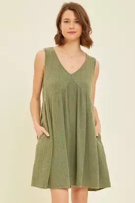 Olive Green Full Size Texture V-Neck Sleeveless Flare Mini Dress