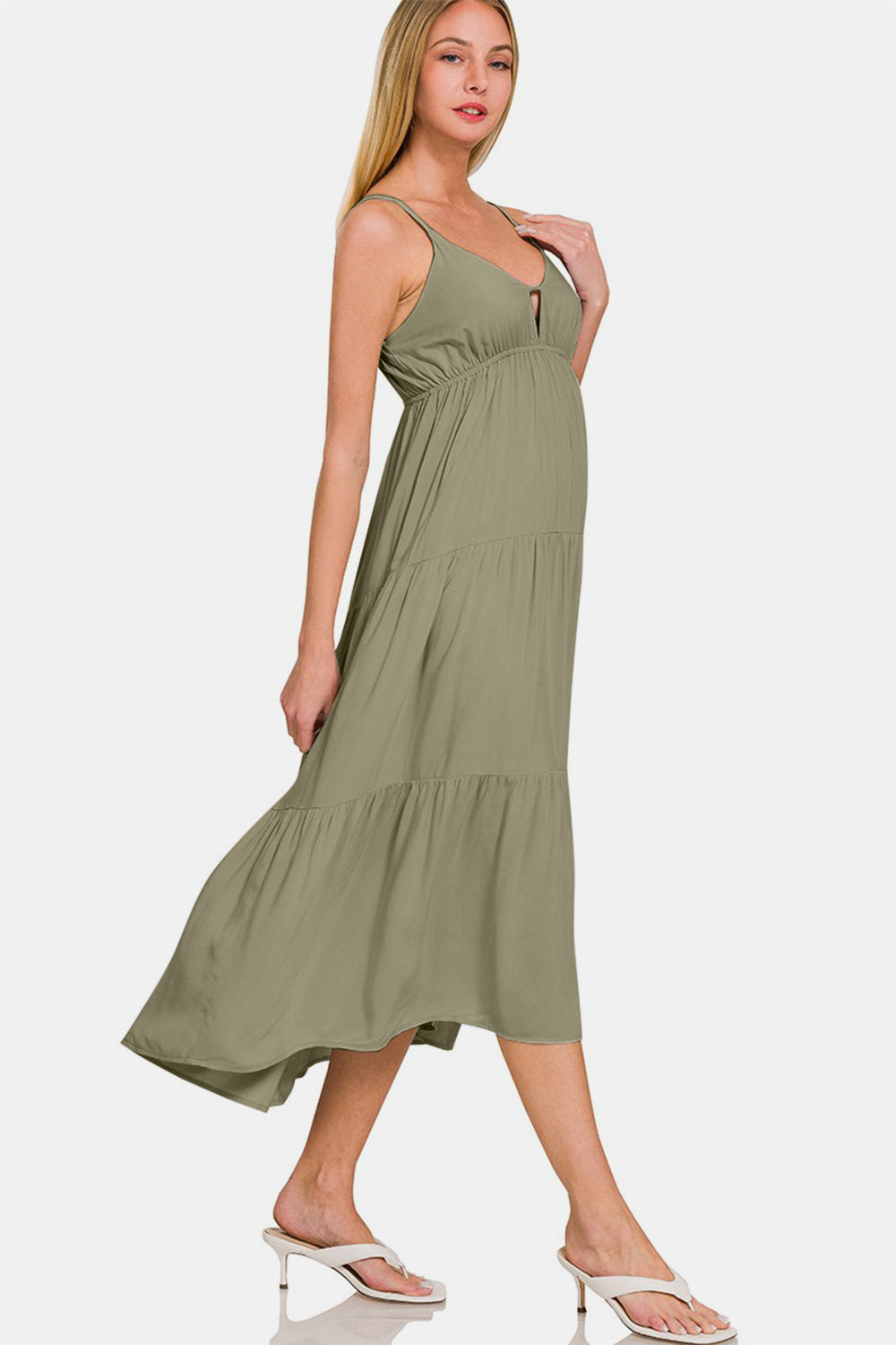 Olive Woven Tiered Cami Midi Dress