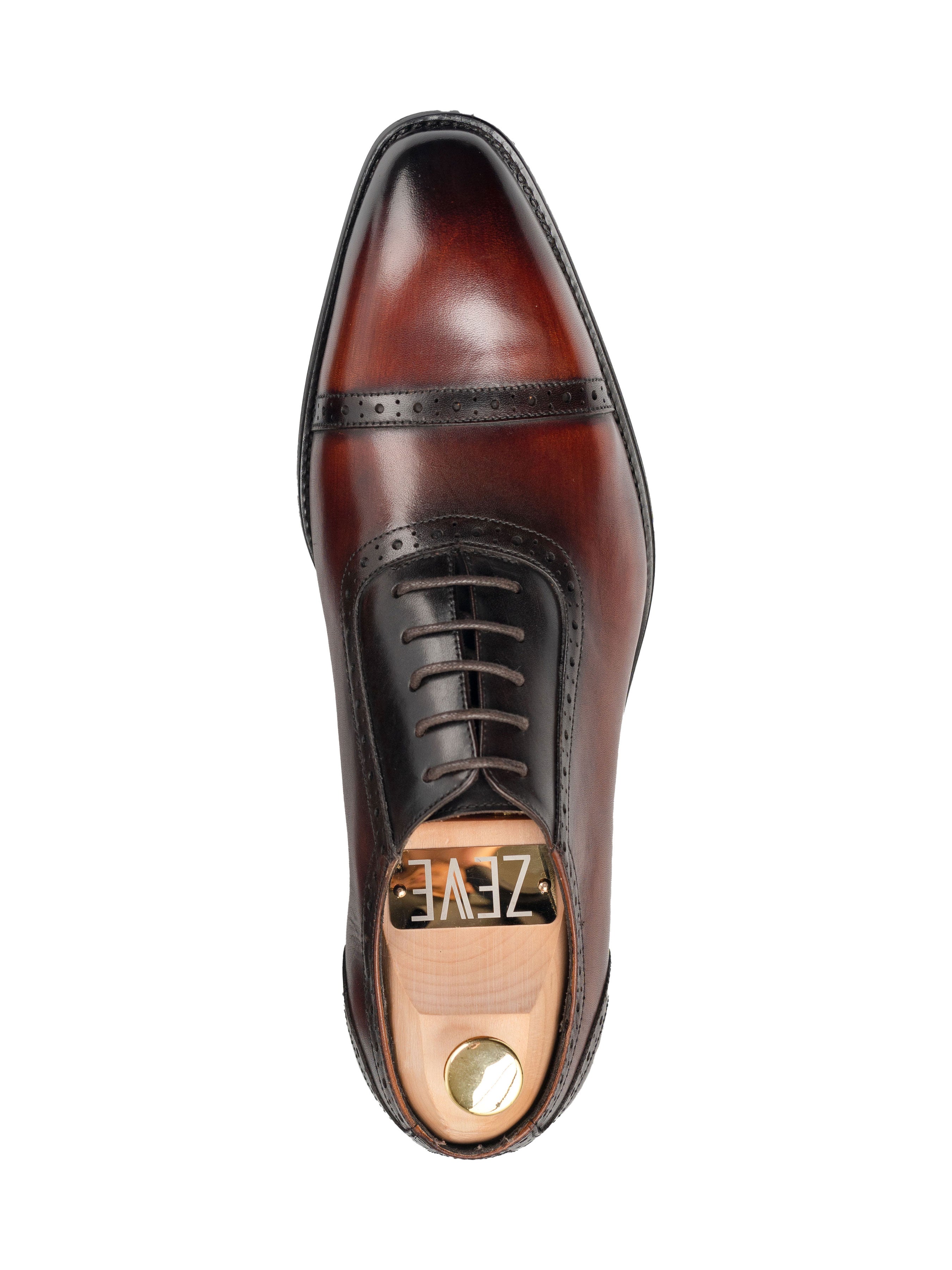 Oxford Cap Toe Adelaide - Duo-Tone Cognac Tan Patina Lace Up (Chisel Toe)