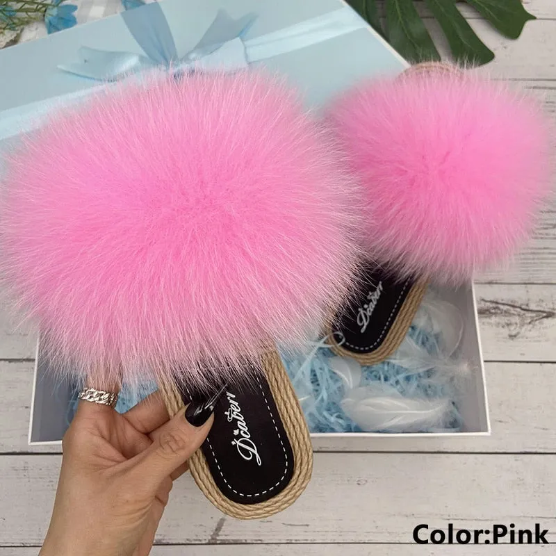 Pink Real Fur Synthetic Straw Natural Fox Flip Flop Sandals for Women