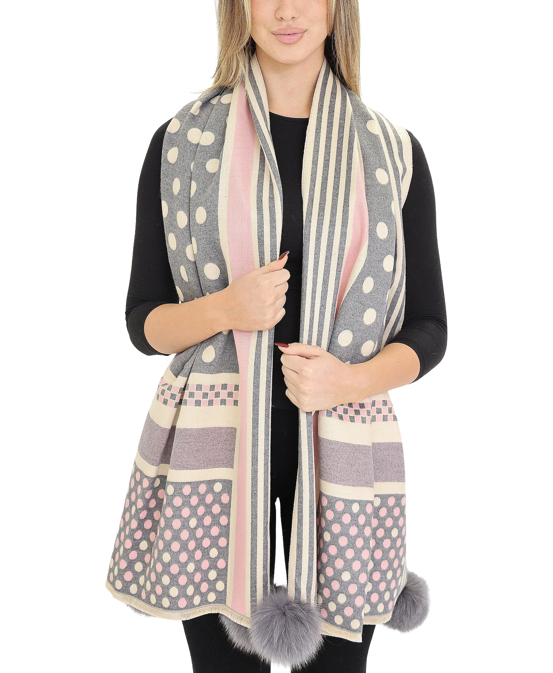 Polka Dot & Stripe Scarf/Wrap w/ Fur Poms