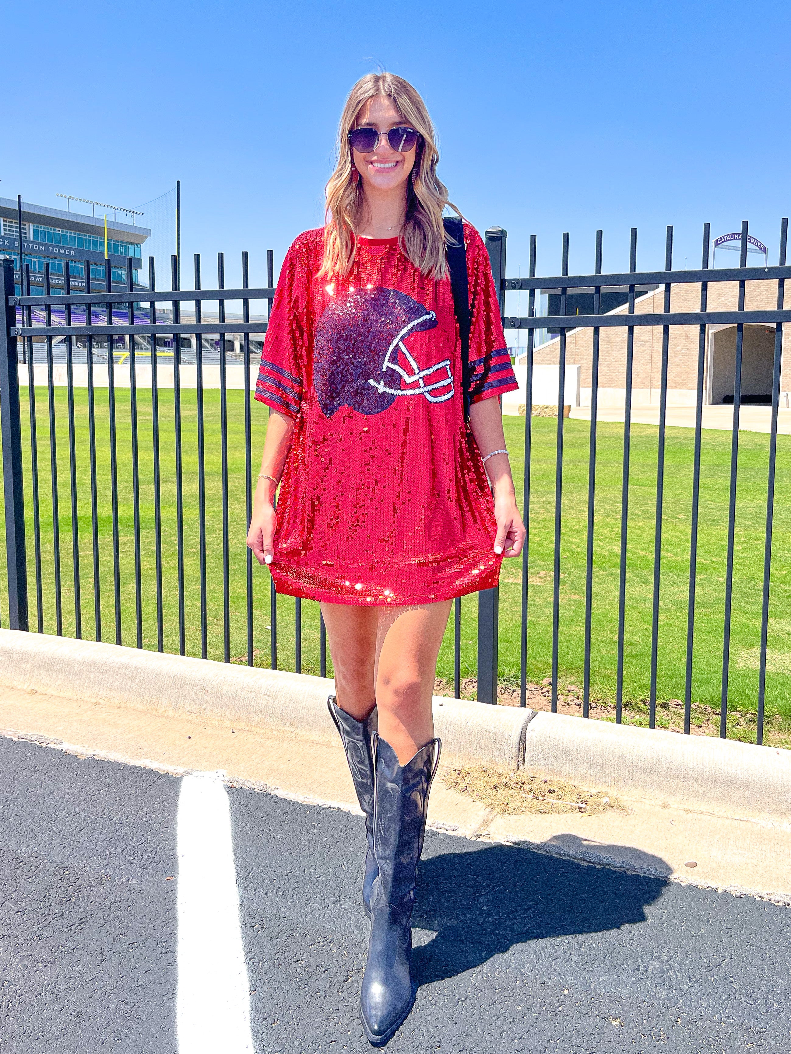 SEQUIN FOOTBALL HELMET MINI DRESS - RED/BLACK