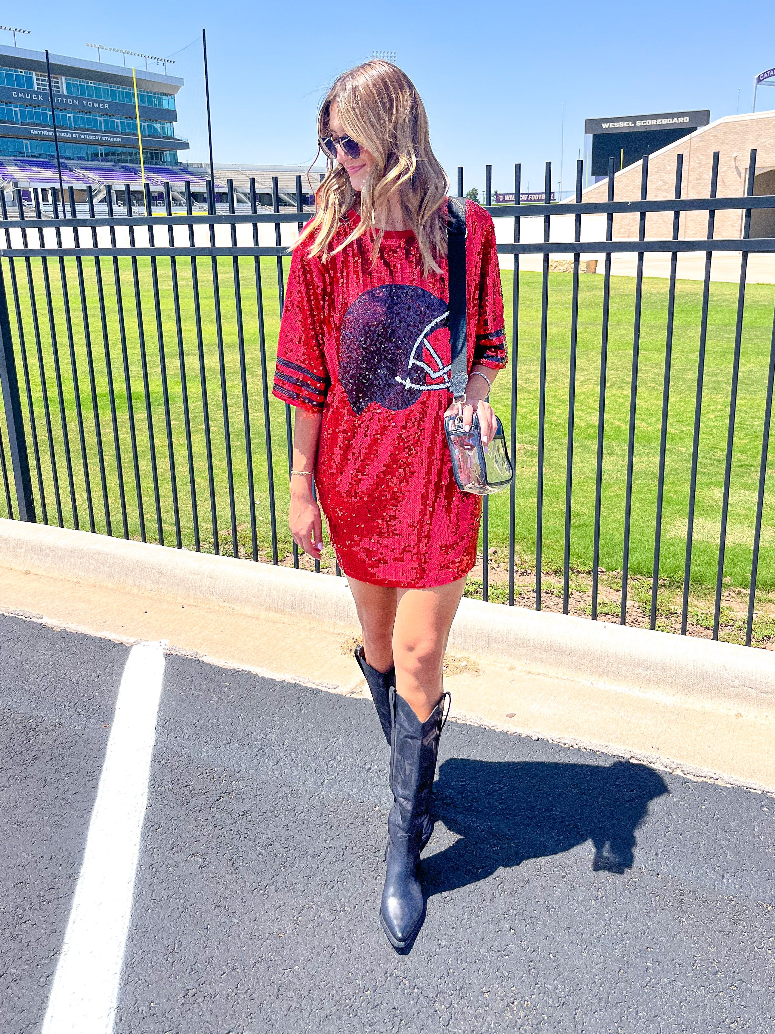 SEQUIN FOOTBALL HELMET MINI DRESS - RED/BLACK