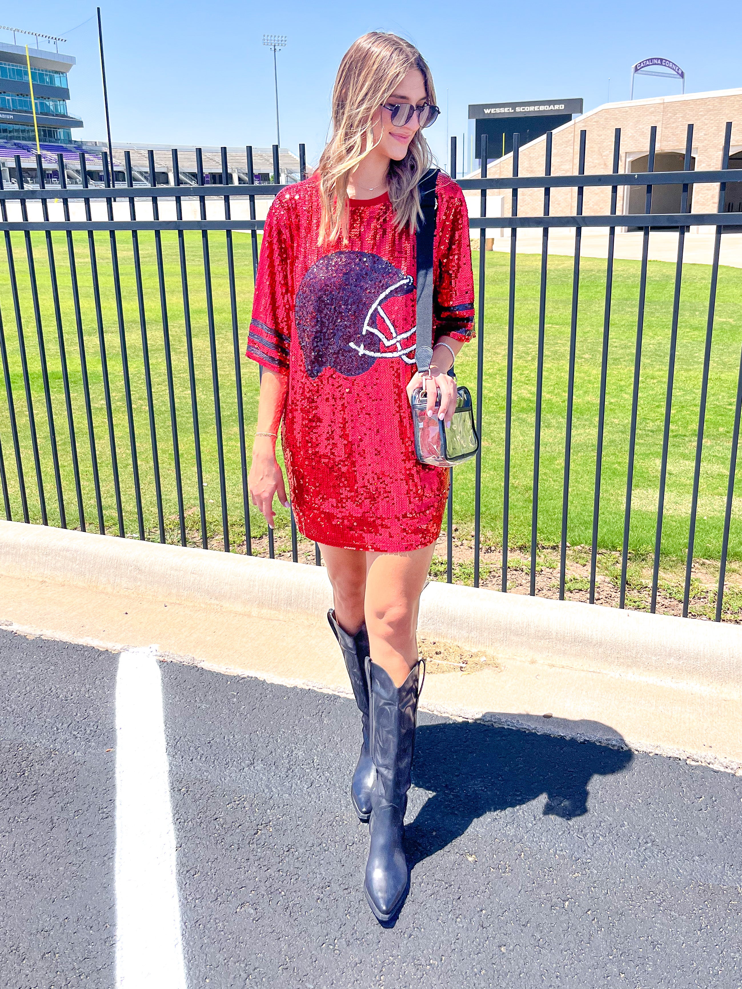 SEQUIN FOOTBALL HELMET MINI DRESS - RED/BLACK